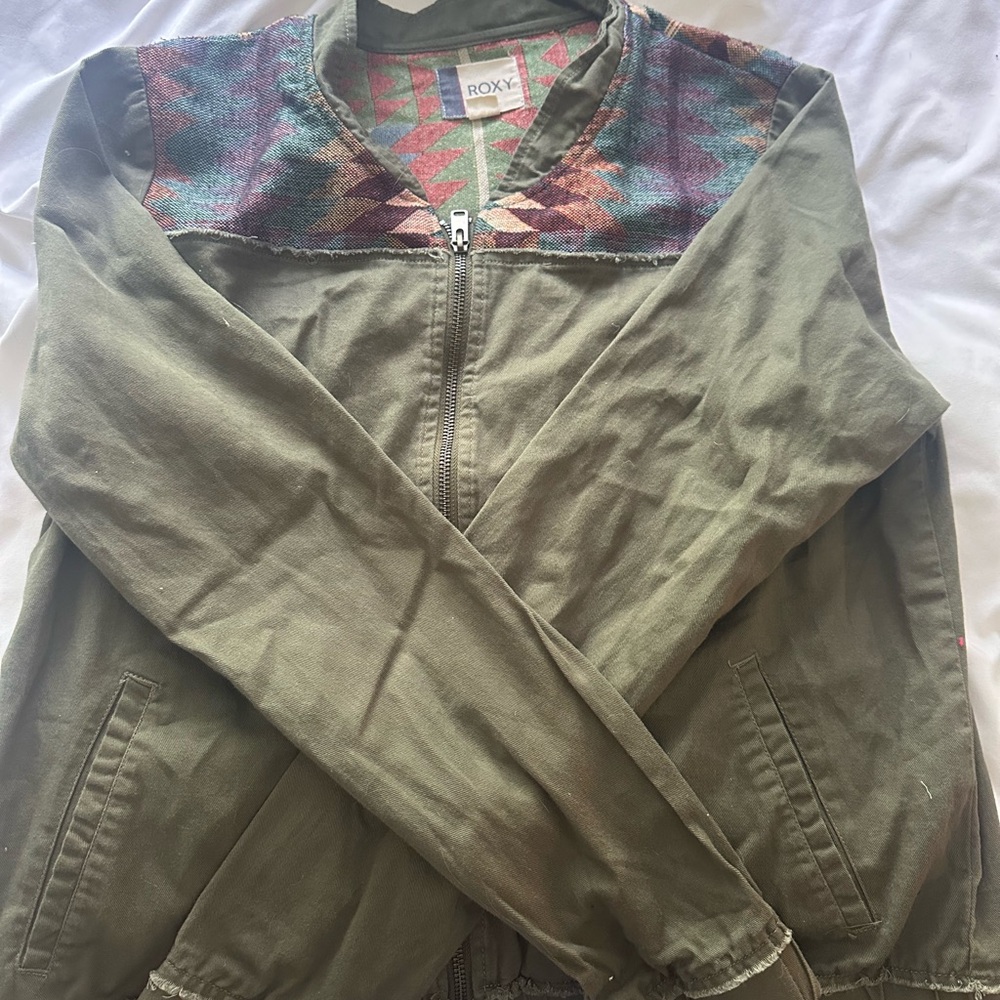 Roxy Olive Green Bomber Jacket with Stand-Up Collar